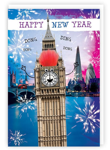 Happy New Year Big Ben London Greeting Card with Fluffy Pom Pom & Googly Eyes