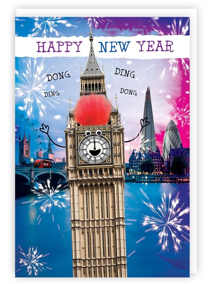 Happy New Year Big Ben London Greeting Card with Fluffy Pom Pom & Googly Eyes