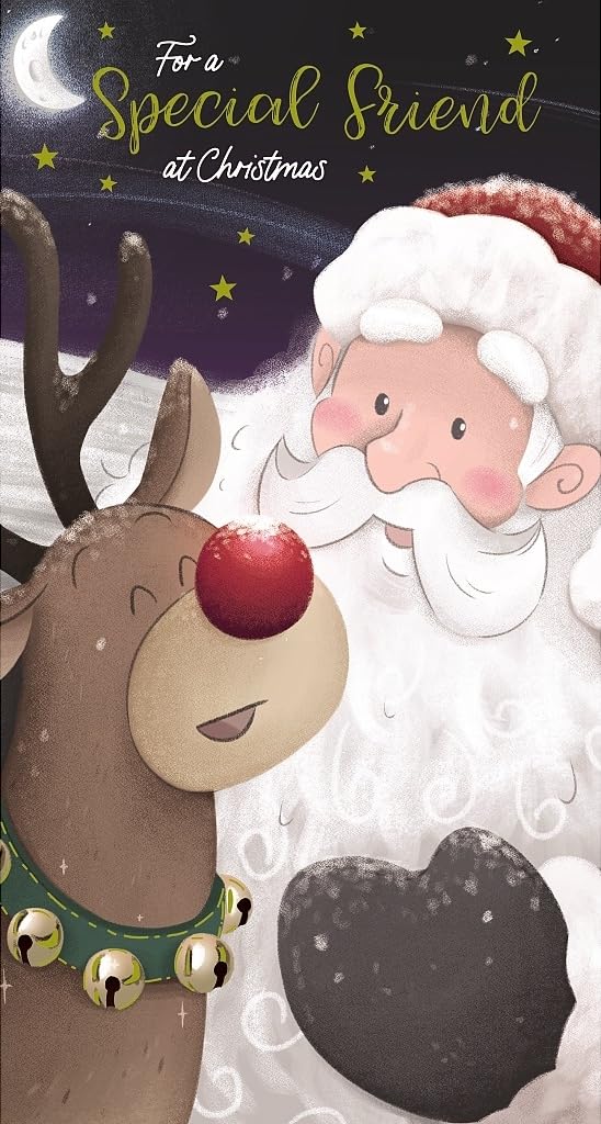 For a Special Friend at Christmas - Santa and Reindeer - Christmas Greeting Card (23x12cm) with Gold Foil Finish by Carte Blanche