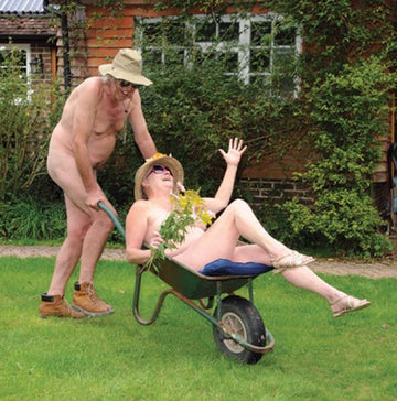 Nudist Couple Gardeners Wheelbarrow Cheeky Fun Any Occasion Blank Greeting Card
