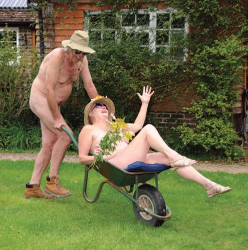 Nudist Couple Gardeners Wheelbarrow Cheeky Fun Any Occasion Blank Greeting Card