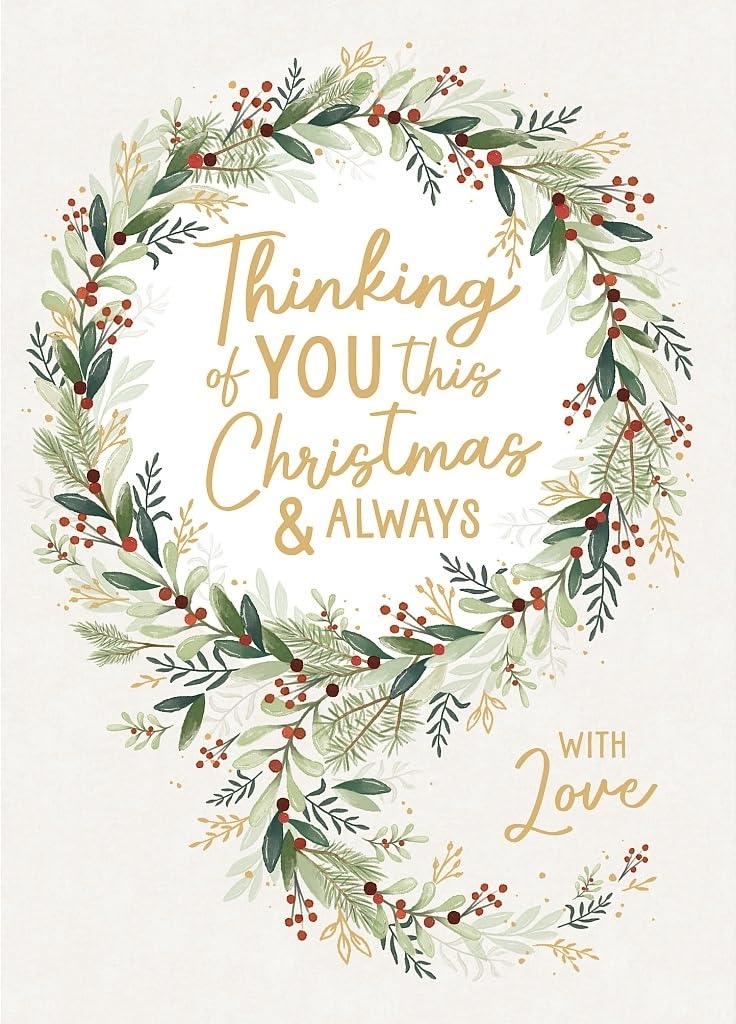 Thinking of You this Christmas and Always with Love Wreath Design Christmas Card (17x12cm) in Gold Foil Finish by Carte Blanche