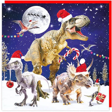 3D Lenticular Christmas Card Dinosaur T-Rex Santa Kids Grandson Xmas + Envelope