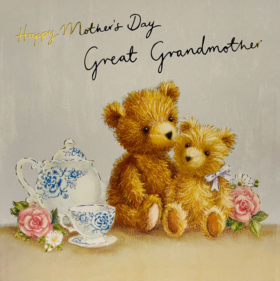 Happy Mothers Day Great Grandmother Cute Bears Tea Set Gold Foil Luxury Card from Watermark Publishing