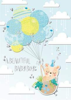 A Beautiful Baby Birth of Boy - Cute Bear in Balloon Basket - Handmade Die-Cut & Foil Finish Greeting Card by Talking Pictures