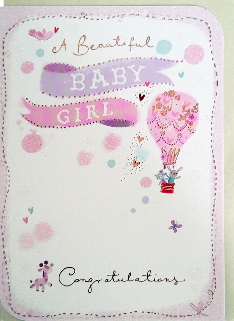 A New Beautiful Baby - Congratulations on Birth of Girl - Cute Animals in Pink Balloon - Greeting Card by Ling Design