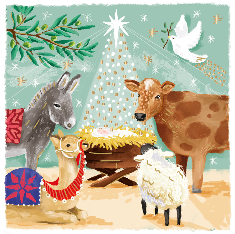 Nativity In The Stable - Peace Dove & Animals Pack of 6 Festive Art Foiled Charity Xmas Christmas Cards