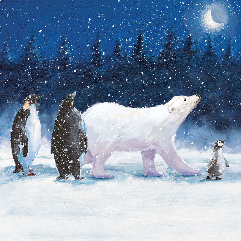 Polar Bear & Penguins Procession - Pack of 6 Contemporary Art Xmas Charity Christmas & New Year Cards