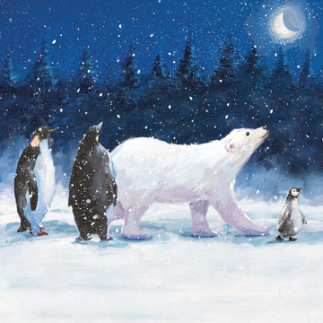 Polar Bear & Penguins Procession - Pack of 6 Contemporary Art Xmas Charity Christmas & New Year Cards