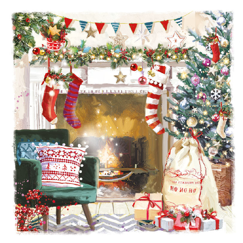 Cosy Christmas Fireplace Scene - Pack of 6 Festive Art Xmas Charity Christmas & New Year Greetings Cards