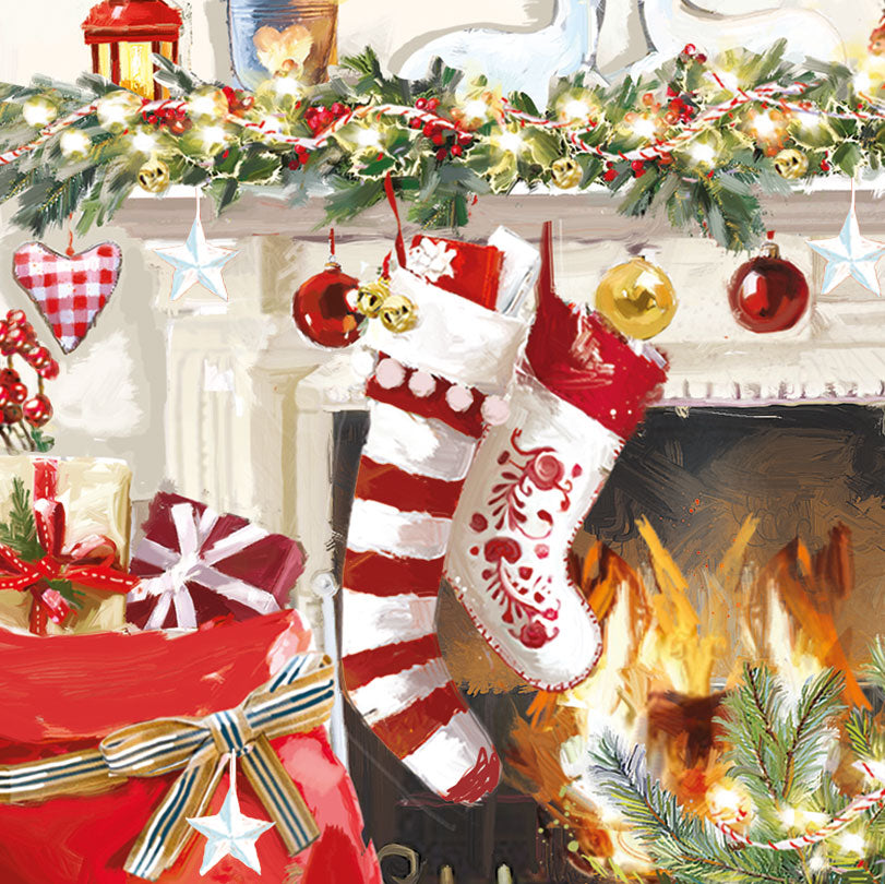 Winter Warmers Stockings Over Fireplace - Pack of 6 Festive Art Xmas Charity Christmas & New Year Greetings Cards