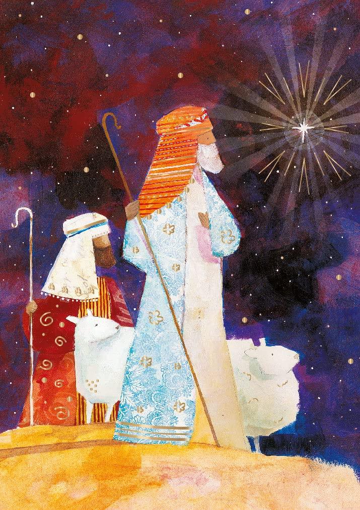 Watching Shepherds Religious Art Gold Foil Finished British Heart Foundation Charity Christmas Pack of 5 Cards by Ling Design