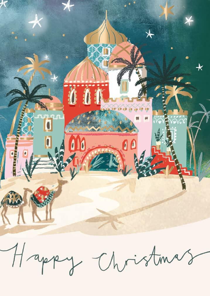 Bethlehem Journey Religious Art Gold Foil Finished British Heart Foundation Charity Christmas Pack of 5 Cards by Ling Design