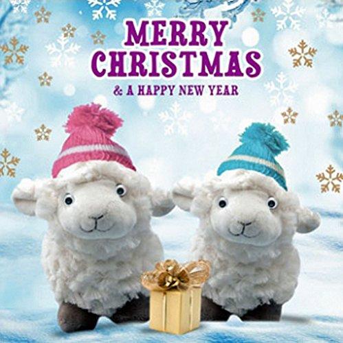 Two Cute Little Festive Lambs 3D Goggly Moving Eyes Christmas & New Year Card