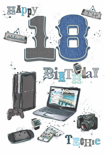 18th Birthday Card Male Phone Computer Design Techie with Colour Insert Verse