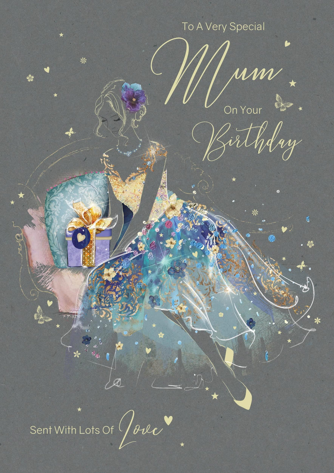 Elegant Lady in Beautiful Dress - Gold Foil and Flitter Finish Large Mum Birthday Card