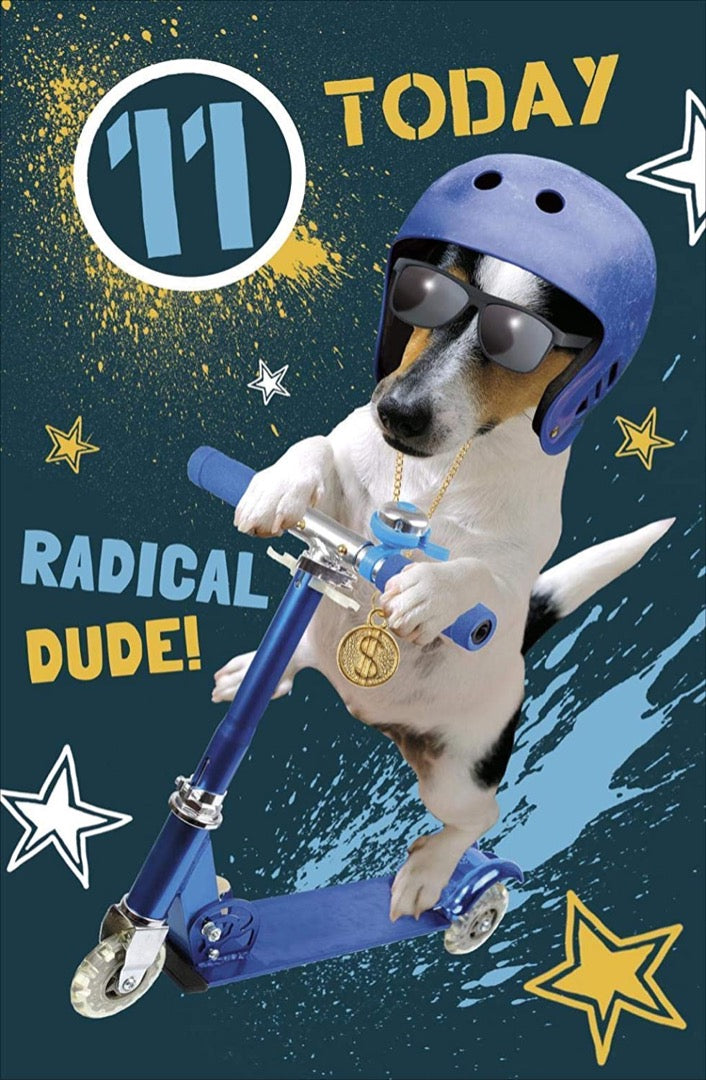 Radical Dude - Age 11 Dog On Scooter Boy's 11th Birthday Card