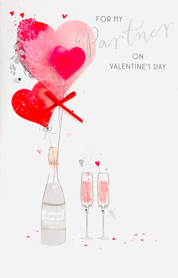 For My Partner Valentine's Day Greeting Card - I Love You - Wine and Heart Balloons with 3D Embellishment Glitter and Foil Finish