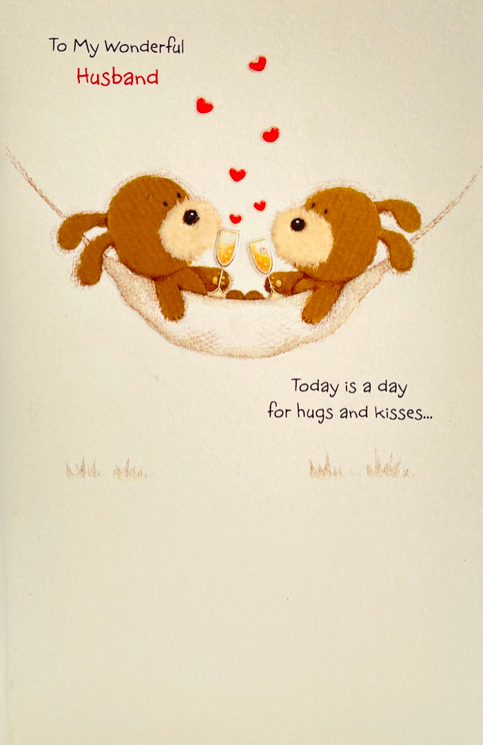 Wonderful Husband Valentine's Day Greeting Card - Day For Hugs and Kisses - Cute Puppy Dogs Sipping Champagne in Hammock with Emboss Glitter Finish - Lots of Woof