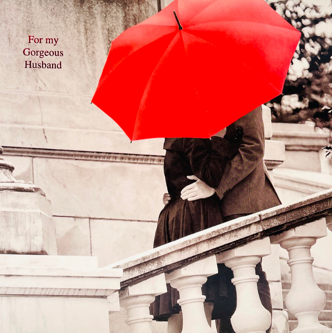 Gorgeous Husband Valentine's Day Card - Kisses Under Red Umbrella Romantic Embrace Hug - Gloss Photo Finish