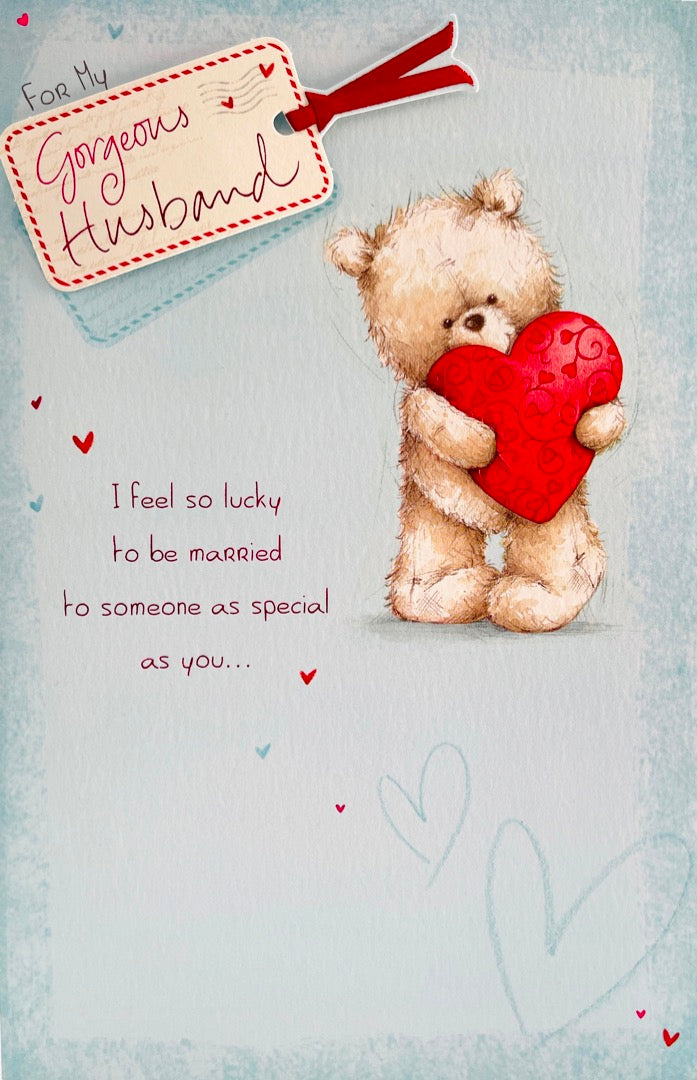 Feel So Lucky You're Mine - Gorgeous Husband Valentine's Day Greeting Card - Cute Teddy Bear Holding Love Heart & 3D Raised and Foil Finish - Tedward