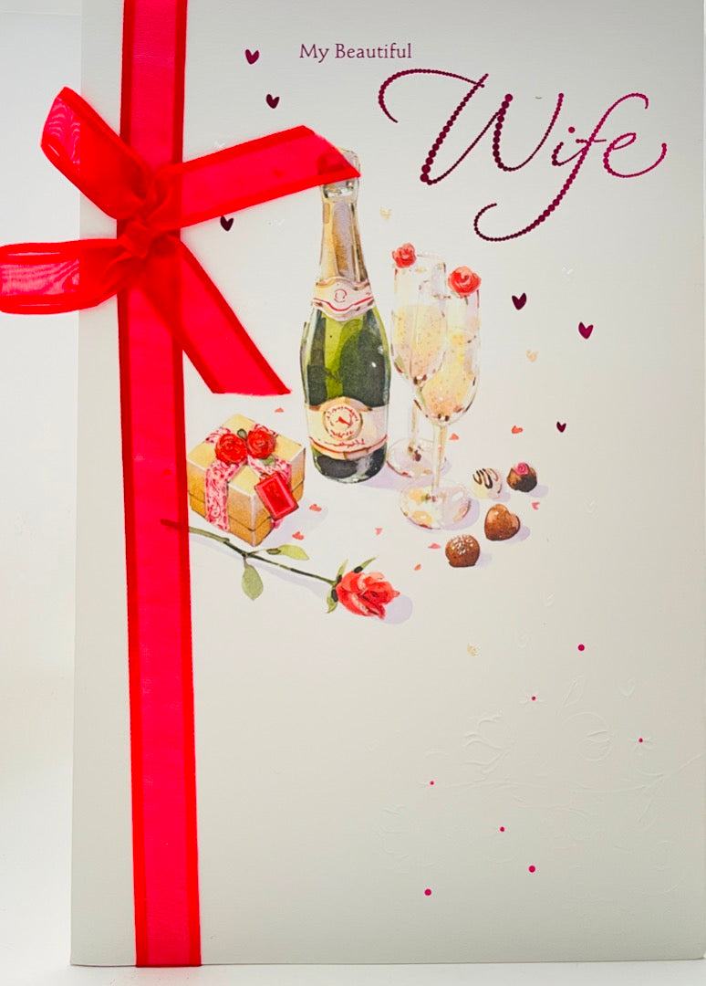 Champagne Chocolate Roses I Adore You Beautiful Wife Valentine's Day Card - Lovely Verse with Ribbon Glitter and Foil Finish