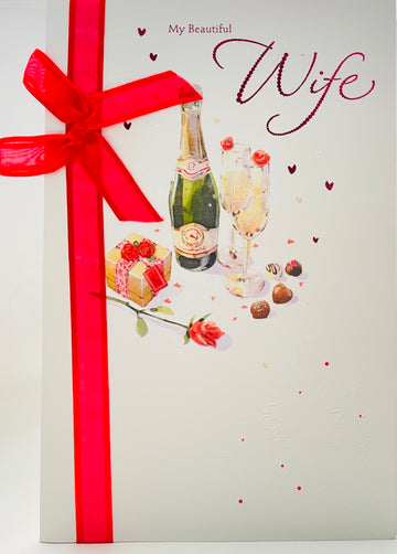 Champagne Chocolate Roses I Adore You Beautiful Wife Valentine's Day Card - Lovely Verse with Ribbon Glitter and Foil Finish