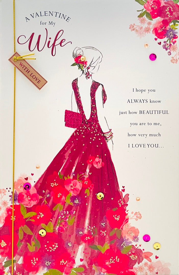 Red Dress Roses Lovely Verse Wife Luxury Valentine's Day Card with 3D Embellishment Sequins Glitter & Foil Finish