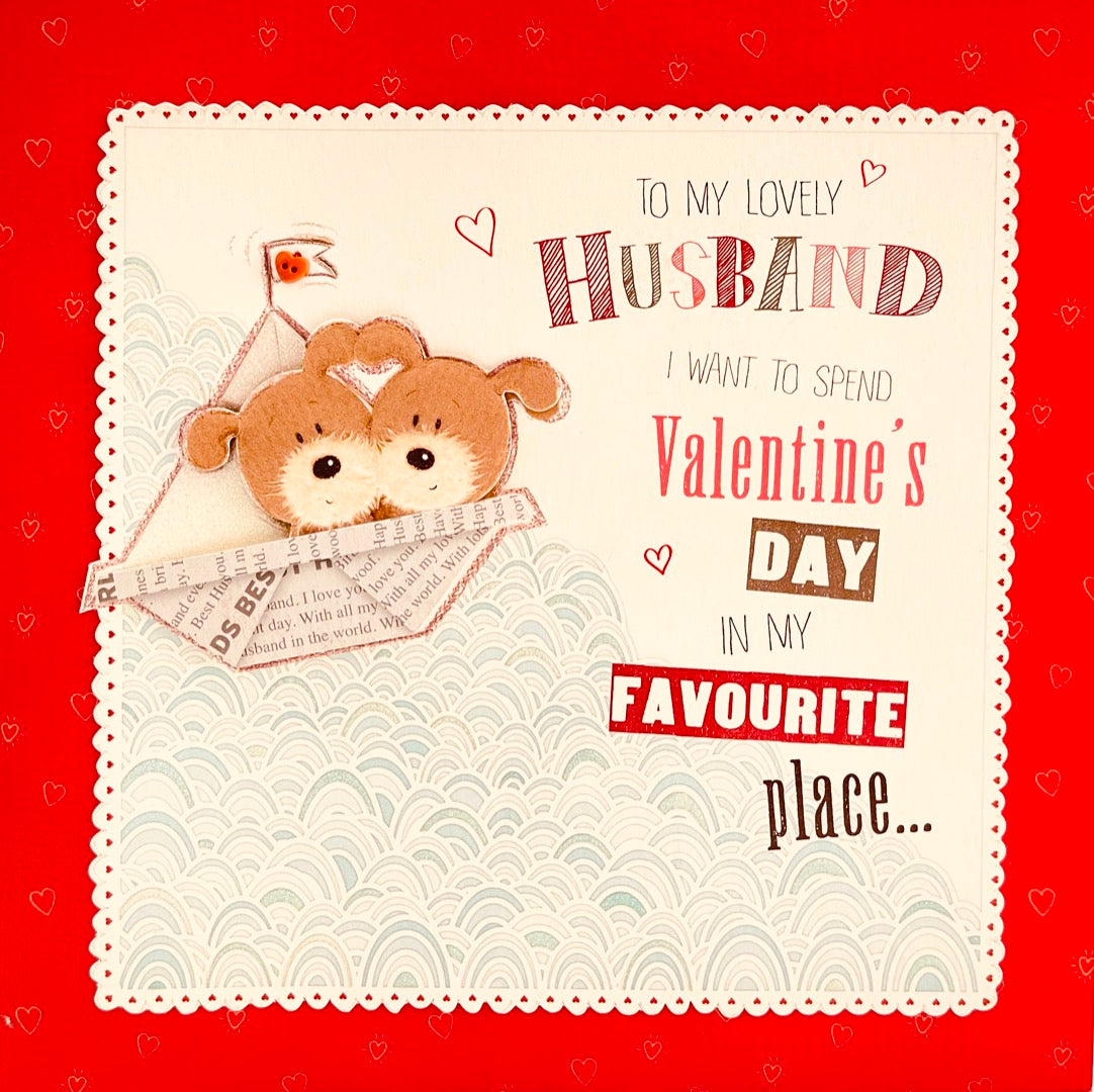 Lots of Woof Dogs Couple In Paper Boat Husband Large Valentine's Day Card - My Favourite Place..Right Next To You - 3D Embellishment Raised and Glitter Finish