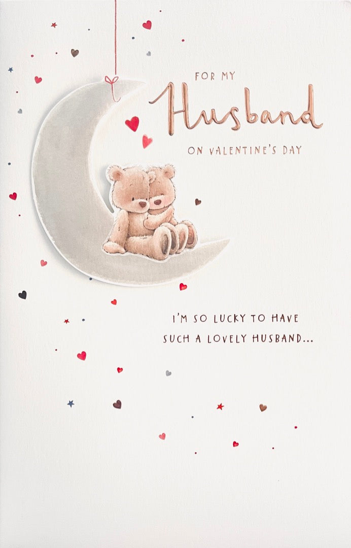 Im So Lucky...I Love You Millions Husband Large Valentine's Day Card - Cute Teddy Bear Couple Hug on Crescent Moon - 3D Raised and Foil Finish - Nutmeg
