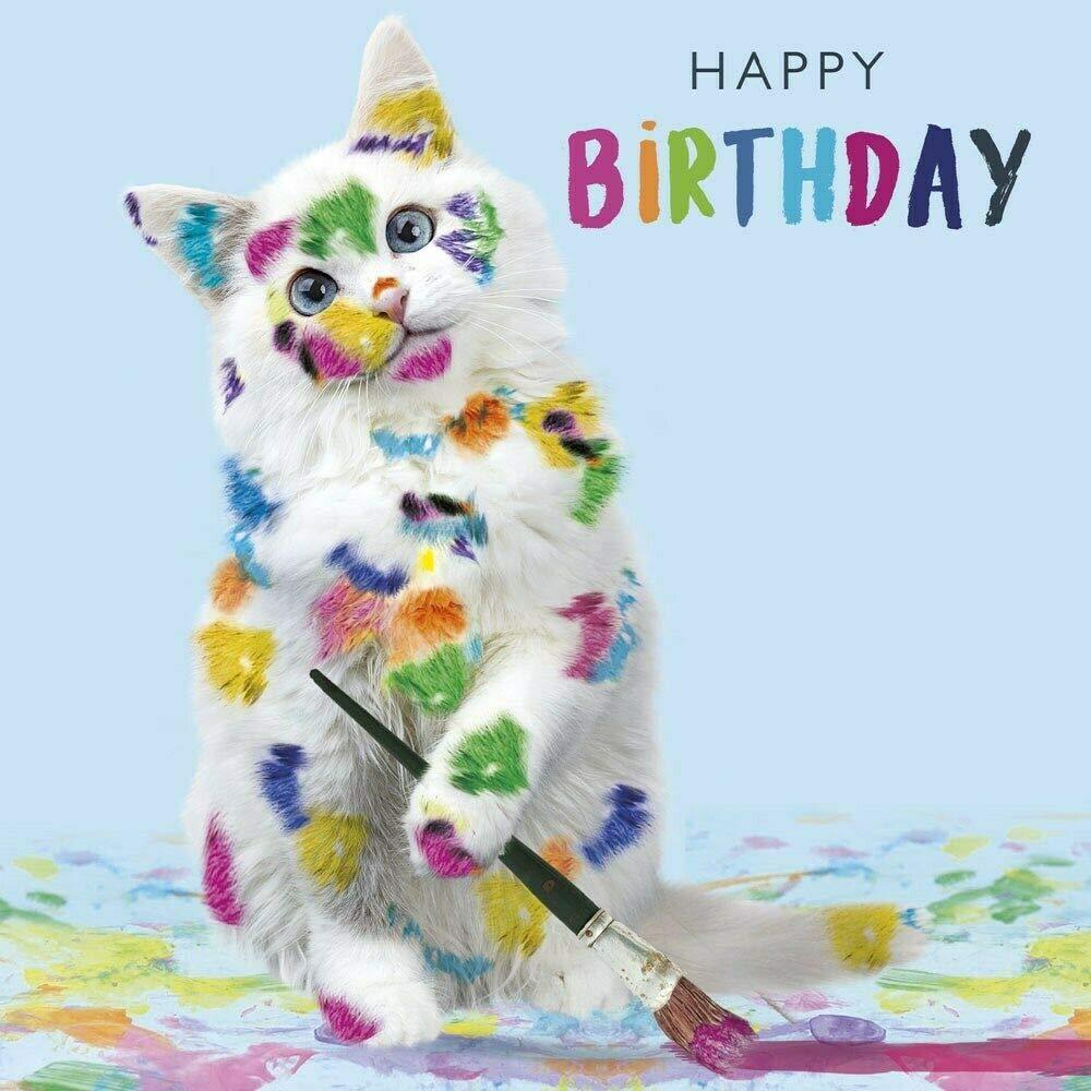 Painted Paw Prints Funny & Cute Cat with Paint Brush Birthday Greeting Card