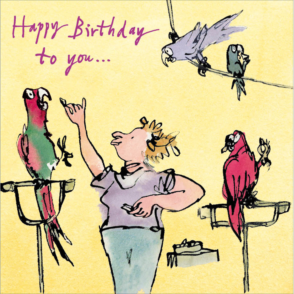 Pretty Polly Lady & Parrots Illustration Quentin Blake Birthday Card - Eco-Friendly & Recyclable