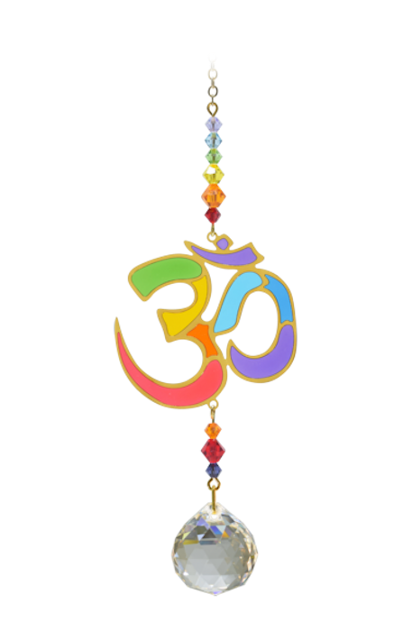 OM Hinduism Symbol Crystal Ball Pendant Suncatcher - Rainbow Hanging Crystal Ornament With Gold Details