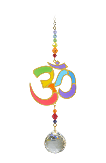OM Hinduism Symbol Crystal Ball Pendant Suncatcher - Rainbow Hanging Crystal Ornament With Gold Details