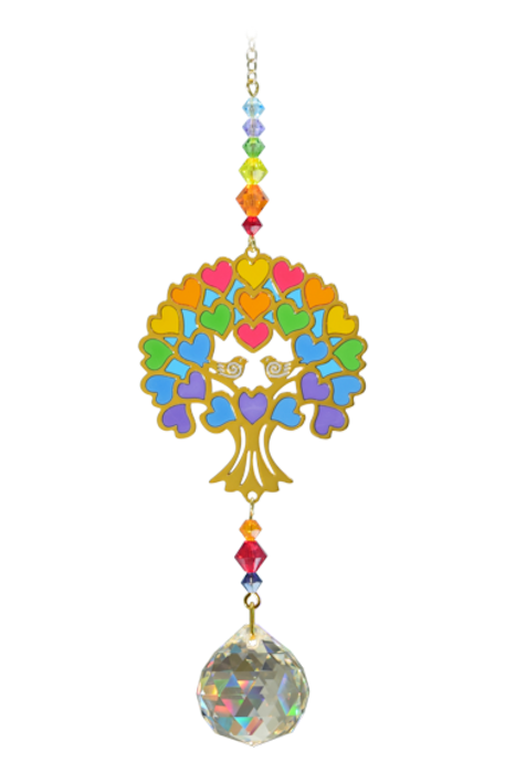 Tree of Life Crystal Ball Pendant Sun-catcher Mobile - Rainbow Hanging Crystal Ornament With Gold & Coloured Glass Details