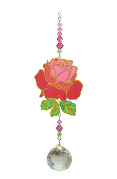 Rose - Romance, Beauty, Courage Crystal Ball Pendant Sun-catcher  - Rainbow Hanging Ornament With Gold & Coloured Glass Details