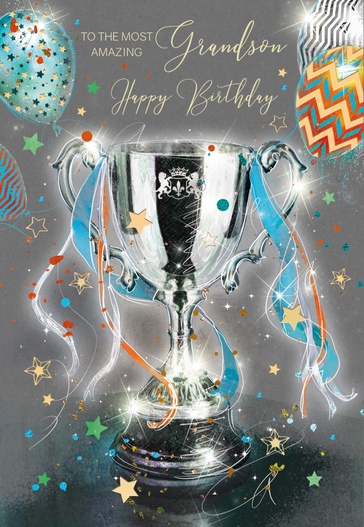 Grandson's Champion Birthday Card from the Elegant Sophisticated Grayson Design Range - Glitter & Foil Finished with Gold Envelope