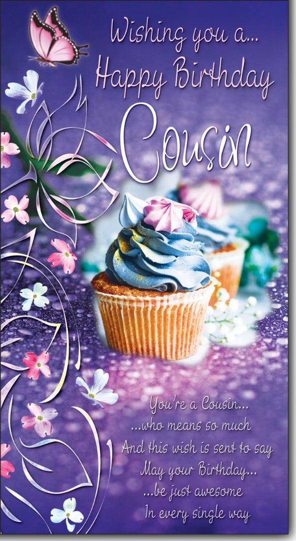 Cousin Pink Lilac Glitter Finish Cupcake Birthday Card with Coloured Insert Lovely Verse