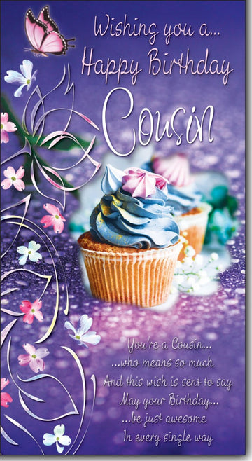 Cousin Pink Lilac Glitter Finish Cupcake Birthday Card with Coloured Insert Lovely Verse