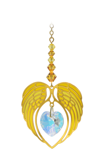 TOPAZ November Birthstone Gold Angel Wing Heart Sun-catcher Hanging Crystal Ornament