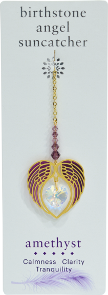 AMETHYST February Birthstone Gold Angel Wing Heart Sun-catcher Hanging Crystal Gift