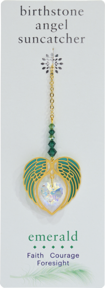 EMERALD May Birthstone Gold Angel Wing Heart Sun-catcher Hanging Crystal Gift