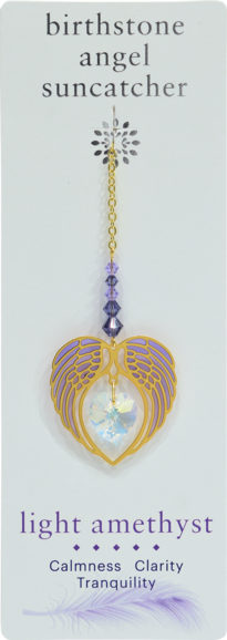 LIGHT AMETHYST February Birthstone Gold Angel Wing Heart Sun-catcher Hanging Crystal Gift