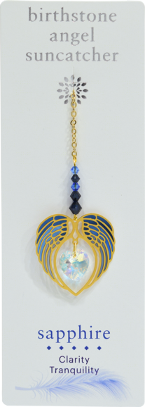 SAPPHIRE September Birthstone Gold Angel Wing Heart Sun-catcher Hanging Crystal Gift