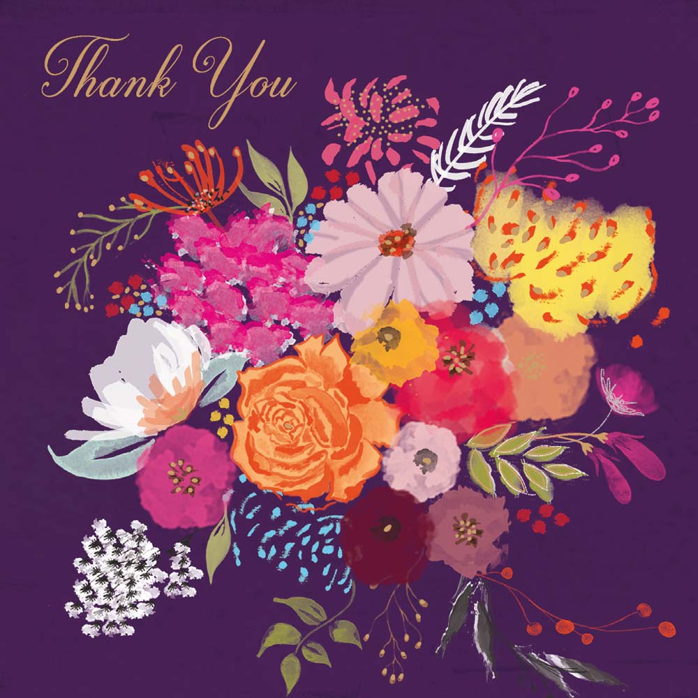 Colourful Flowers on Purple Background THANK YOU Pack of 5 Mini Greeting Cards
