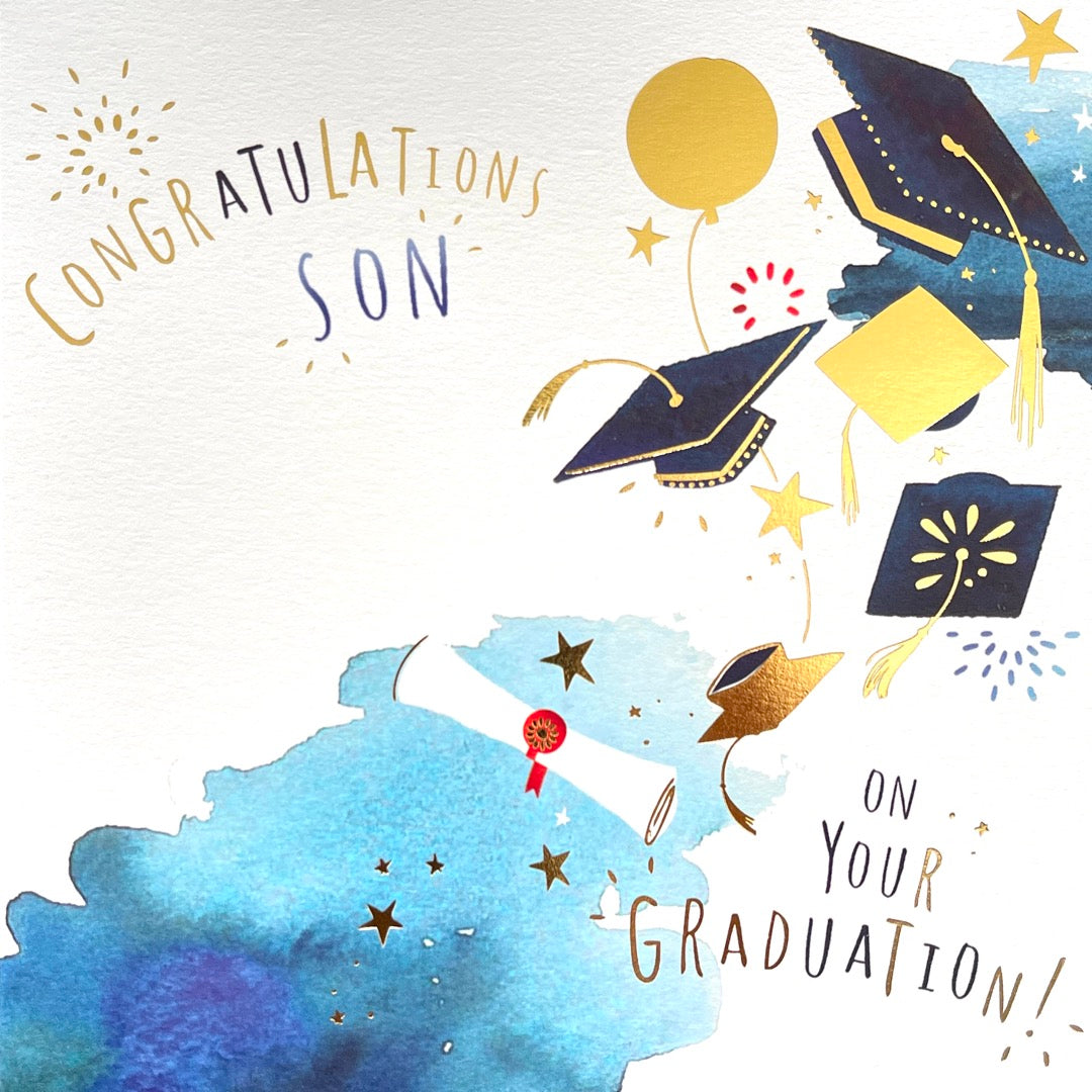 Congratulations Son on Your Graduation Mortarboard Hat Foiled Greeting Card