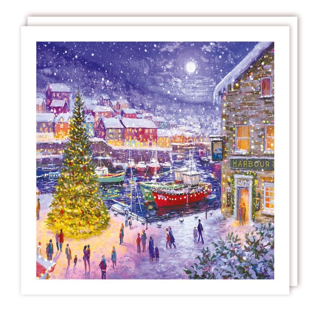 Snowy Harbourside Boats & Xmas Tree - Eco-Friendly Christmas Cards 5 Pack by Tracks Publishing