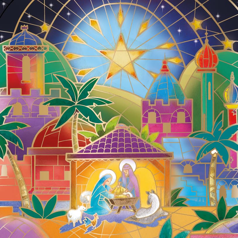 Stained Glass Bethlehem Religious Art Gold Foiled Charity Christmas 6 Cards Pack Eco-Friendly