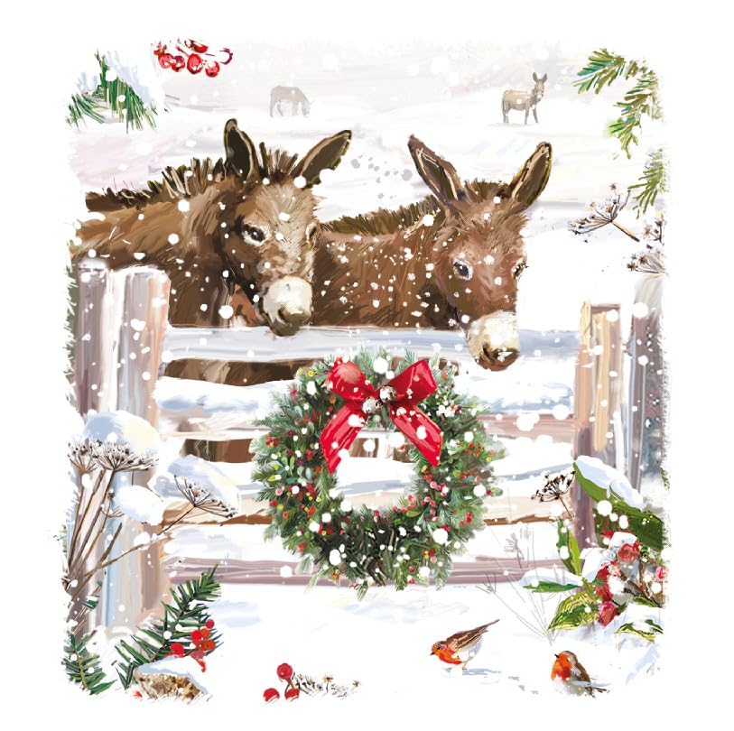 Donkey Friends in Snow Festive Art Charity Christmas & New Year 6 Cards Pack Eco