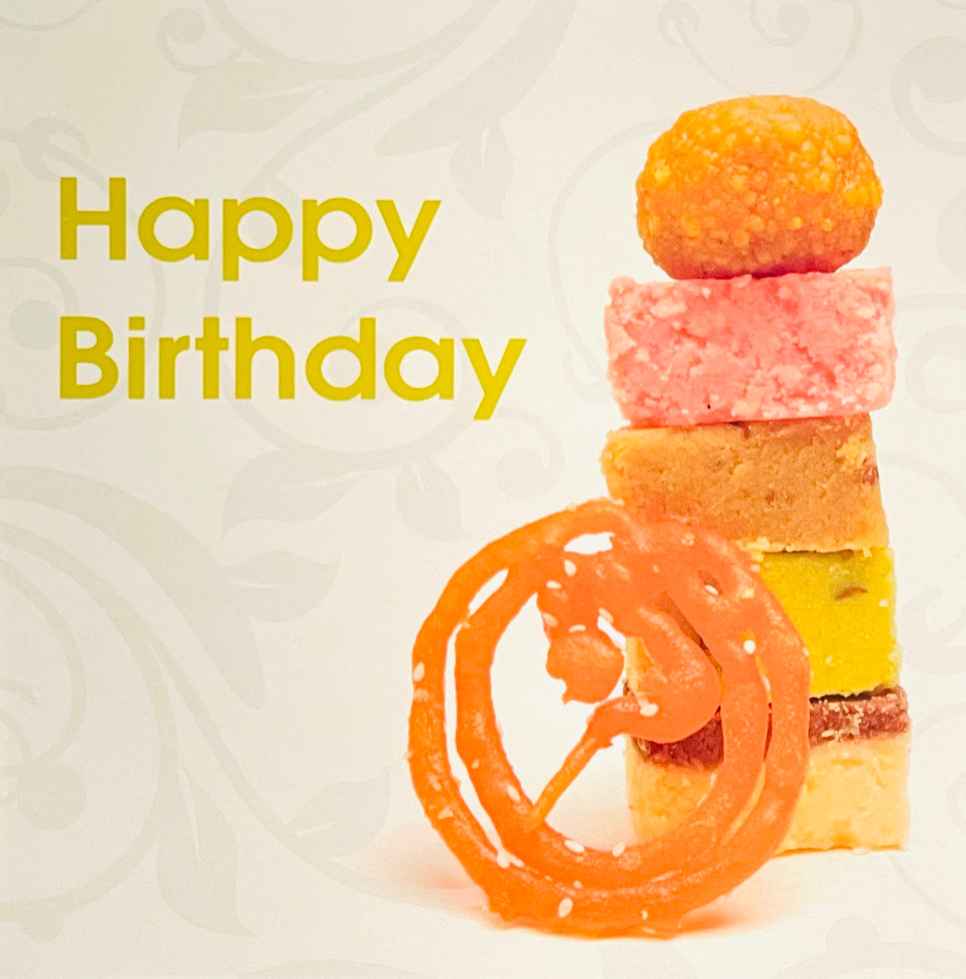 Happy Birthday Indian Sweets Methai Jalebi Ladoo Barfi (GED0013) Blank Greeting Card by Davora - Cards of Culture